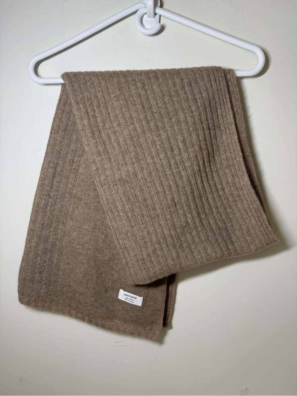 Cashmere scarf wrap dark tan color mixed rib and flat knit rectangle 22” x  67”